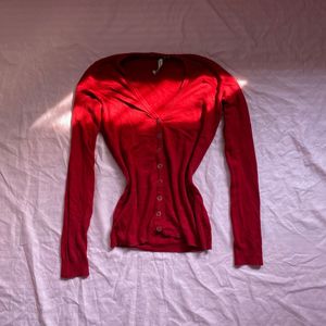 Red Button-Down Cardigan.