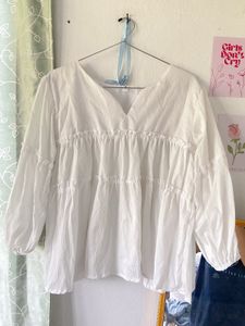 White V-Neck Peasant Top
