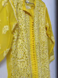 Lucknow Chikankari  Embroidery Yellow Short Kurta
