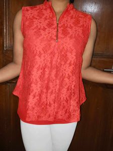 Red Sleeveless Net Top