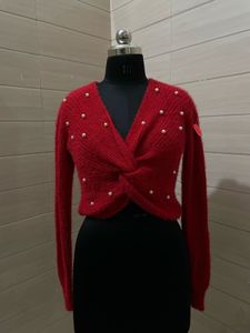 NO Boundaries knit red Pearl sweater for women