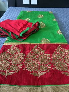 Chanderi Green &amp; Red  Dress Material