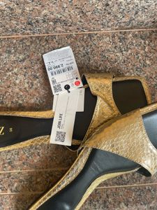 Zara Gold Snakeskin Print Slides - Size 38