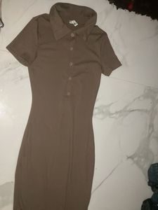 Brown Ribbed Polo Maxi Dress
