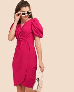 Hot Pink Puff Sleeve Mini Dress