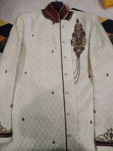 OFF WHITE GROOM SHERWANI WITH MAROON PAJAMA SET