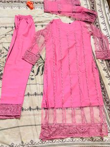 Pink Embroidered Kurta Set 3 Pcs