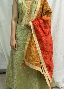 Embroidered Silk Long Dress With Duppatta