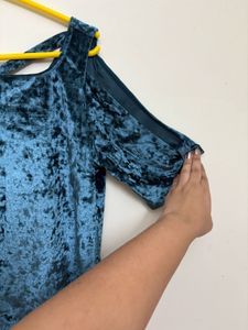 Teal Velvet Cold Shoulder Top