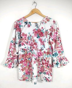 White Floral Print Bell Puff Sleeves Top (Women&#39;s)