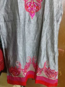 Grey Kurti with Pink And Red Embroidery