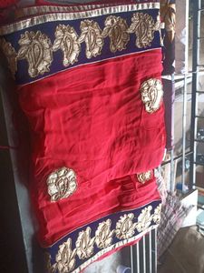 Peach &amp; Gold Embroidered Saree With Blouse
