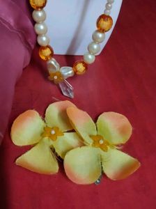 Pearl &amp; Orange Bead Necklace Set