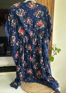 Blue Floral Print Mini Kaftan, Size 36-38