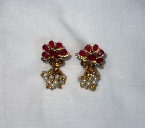 Pearl And Red Stone Earrings