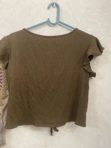 Shein -Olive Green Flutter Sleeve Top