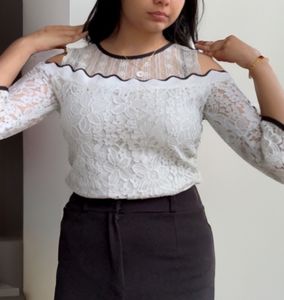 White Korean Style Cold Shoulder Top