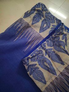 Beautiful Navy Blue And Beige Net Cotton Saree