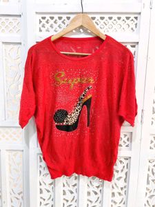 Oversized Red Glam Leopard Heels Tee B