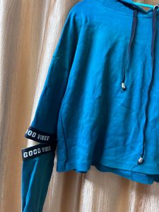 Peacock Blue Cut Sleeves Hoodie