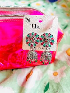 Green &amp; Pink Oxidised Jhumkas