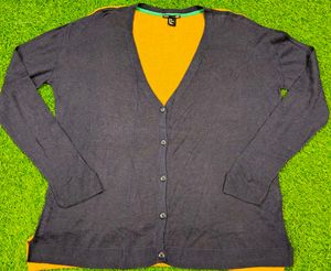 Imported Navy Cardigan with Striped Shoulders