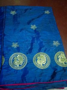 Blue Silk Saree with Gold Embroidery