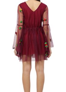 Burgundy Floral Embroidered Mini Dress