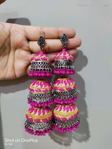Pink Oxidised Jhumka | 11.5cm Long Jhumka