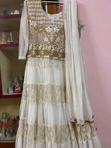 Elegant White &amp; Gold Anarkali Suit