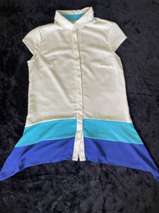Stylish Satin Tunic Shirt – Cream, Aqua &amp; Blue