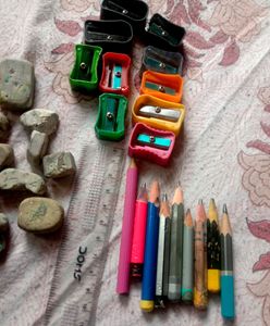 Used Pencil, Eraser, Sharpener And Scale