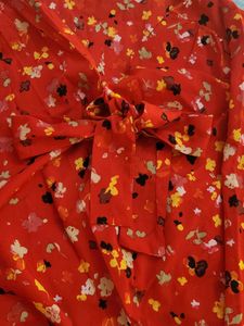 Red Floral Tie-Neck Blouse
