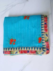 Elegant Cyan Art Silk Saree with Floral Embroidery