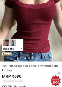 Y2K Burgundy Ribbed Lace Trim Slim Top