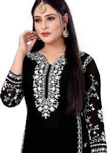 Semi Stitched Black Embroidered Suit