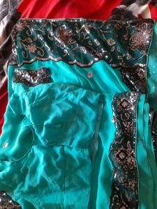 Sky Blue Heavy Net Work Saree With Blouse