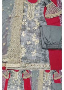 Elegant Gray Embroidered Pant Suit