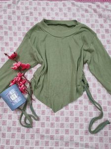 Cute Green Long Sleeve Top With Side Strings