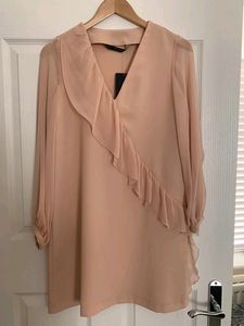 🥳New Zara Beige Pink Dress with Ruffle