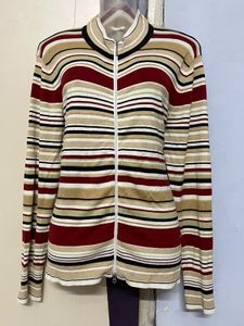Point Zero Branded Striped Knit Zip-Up Cardigan