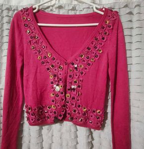 korean Pink Embellished Cardigan