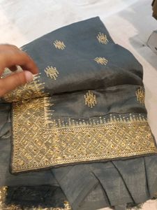 Cash Only Elegant Gray &amp; Gold Embroidered Saree