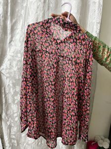 Sheer Floral Print Oversized Shirt