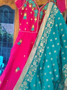 Pink Embroidered frock with pattu duppata