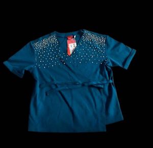 Teal Embellished Wrap Top