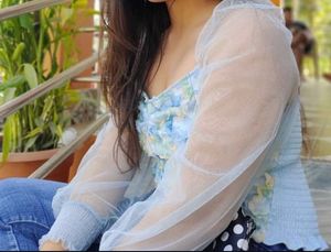 Blue And Green Design Sweet Heart Neck Top