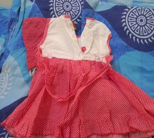 Red &amp; white Combination Frock With a Hat