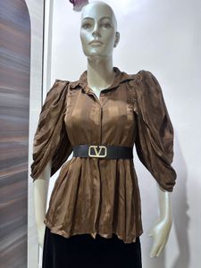 Brown Puff Sleeve Top (without Belt)