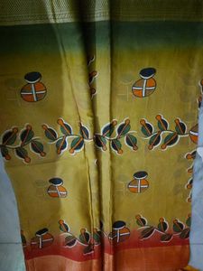 Beautiful Hand Painted Yellow &amp; Olive Green Sari